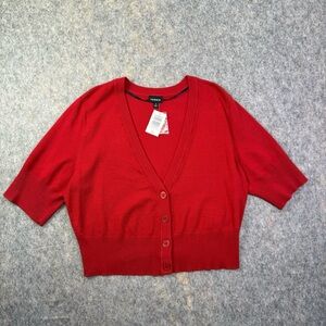 Torrid Shrug Cardigan Womens Sz 2X Red V-Neck Short Sleeve Crop ButtonUp Sweater